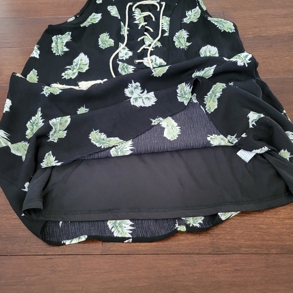 Entro Black Tropical Leaf Print Sleeveless Front Tie A-Line Summer Dress Size L - Picture 5 of 8